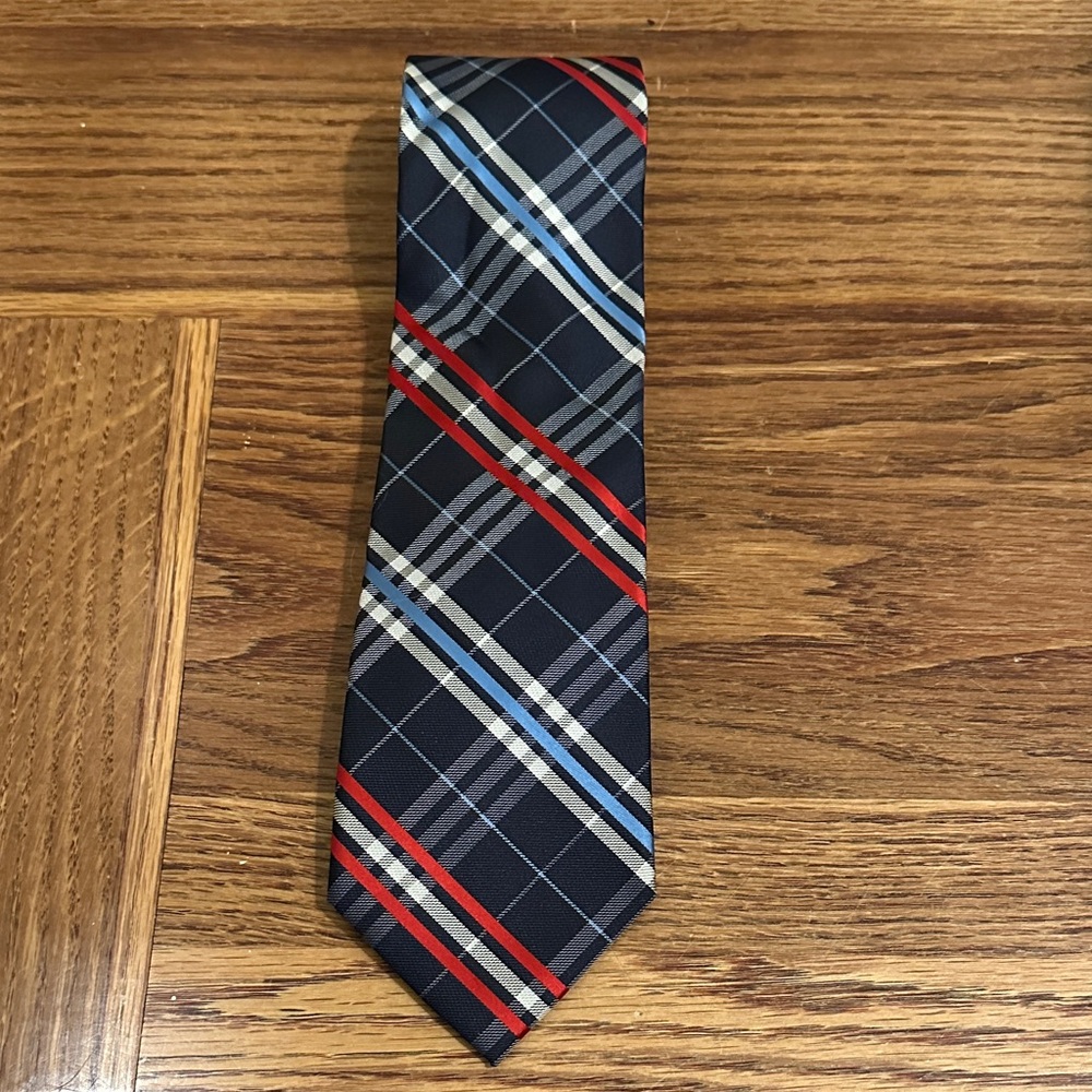 Jones New York Navy checkered preppy Americana Plaid Tie Red and Blue Accents